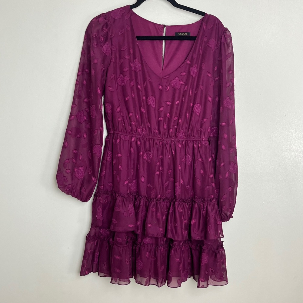 City Studio Romantic Ruffle Mini Dress Womens Medium Magenta Floral Velvet‎